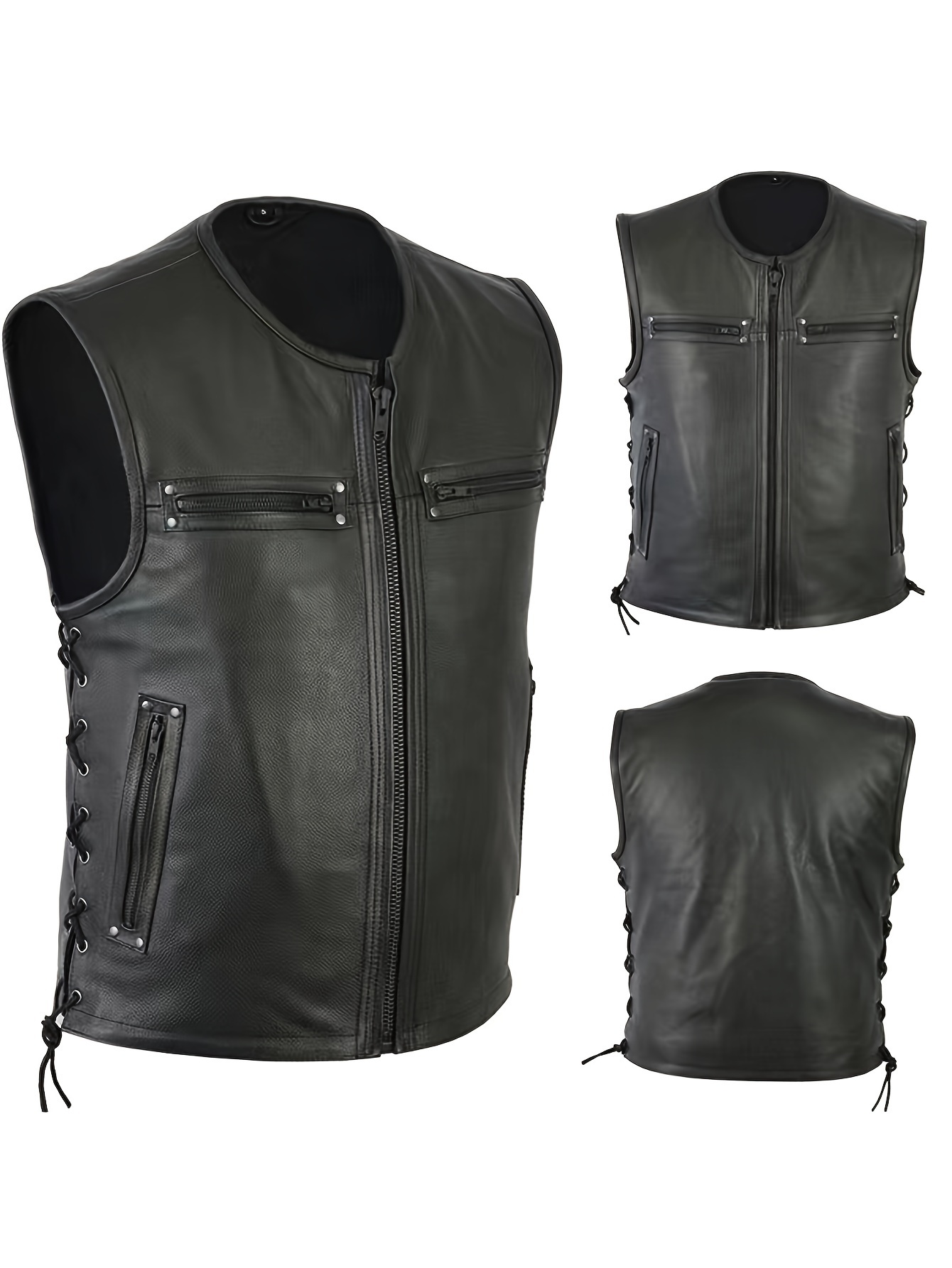 Leather Work Vest For Men - 남성 단색 조끼 오토바이 펑크 가죽
