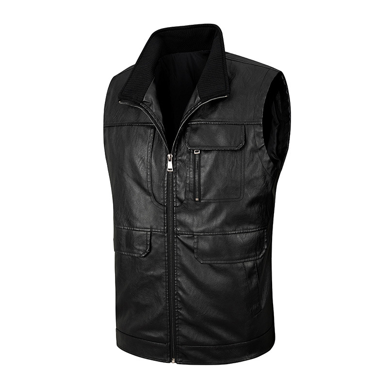Leather Work Vest For Men - 남성용 가죽 조끼, 얇은 스탠드업 칼라