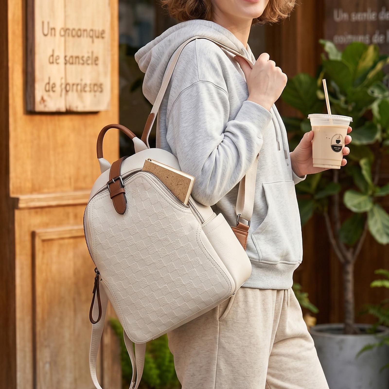 Leather Work Womens Backpack - 여성용 엠보싱 체크무늬 PU 가죽 백팩,