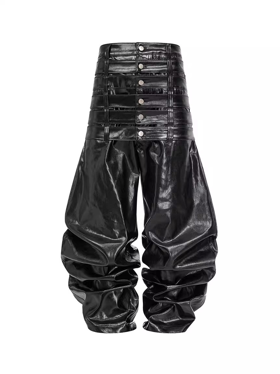 Leather Work Pants - Mauroicardi 가을 긴 멀티 허리 반짝