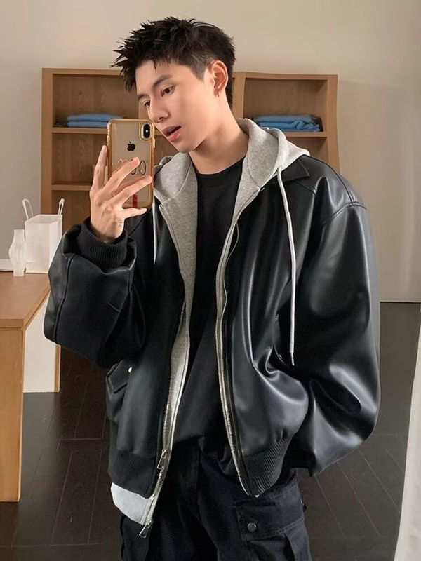 Leather Work Jacket - 남성용 후드 PU 가죽 재킷 페이크