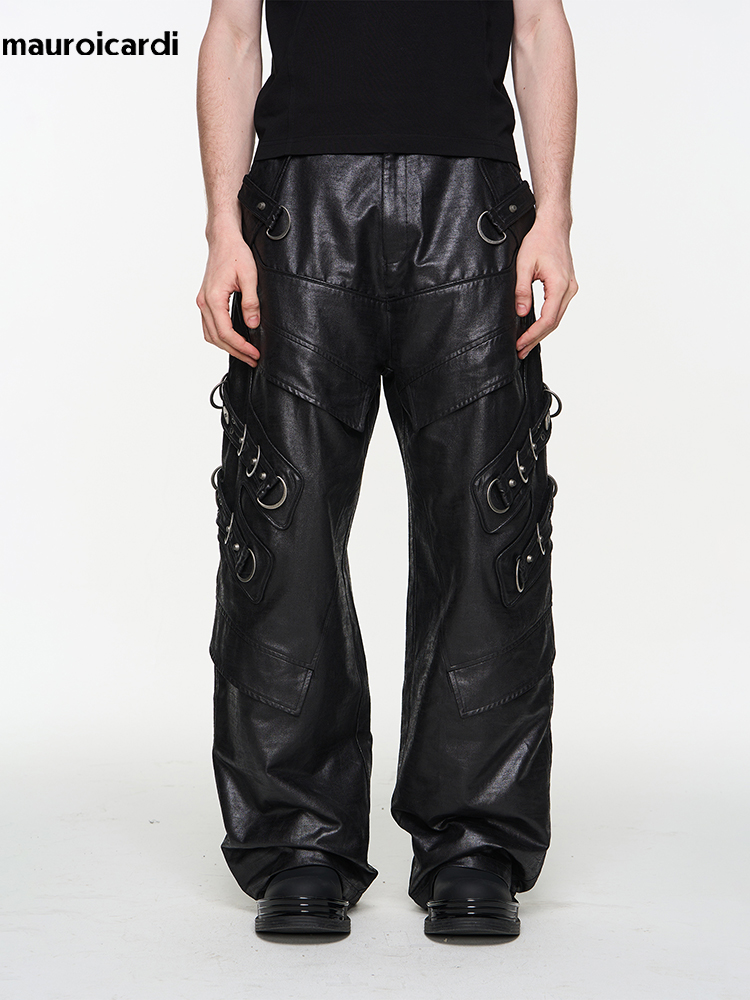 Mauroicardi 봄 가을 멋진 잘 생긴 긴 검은  - Leather Work Pants 리뷰 및 가격