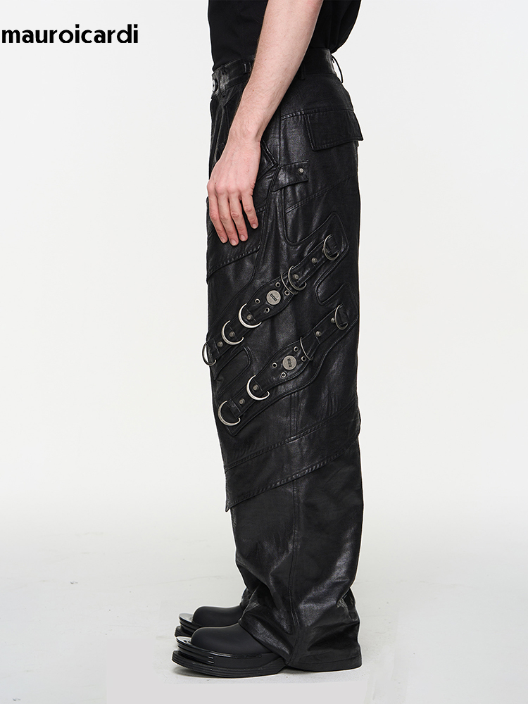 Mauroicardi 봄 가을 멋진 잘 생긴 긴 검은  - Leather Work Pants 리뷰 및 가격