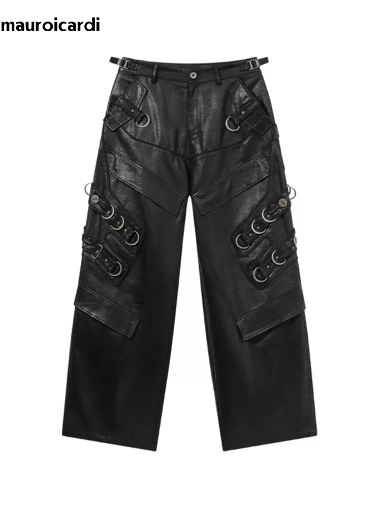Mauroicardi 봄 가을 멋진 잘 생긴 긴 검은  - Leather Work Pants 리뷰 및 가격