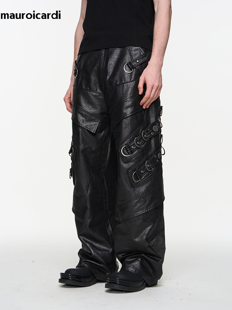 Mauroicardi 봄 가을 멋진 잘 생긴 긴 검은  - Leather Work Pants 리뷰 및 가격
