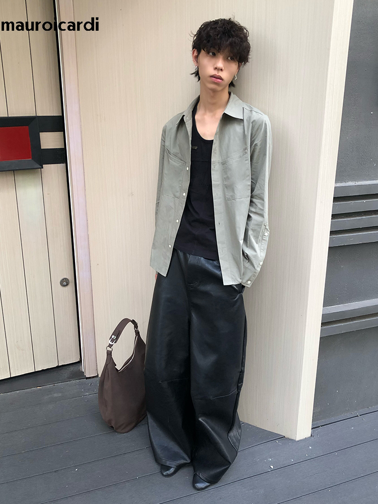 Mauroicardi 봄 가을 멋진 긴 헐렁한 블랙 P - Leather Work Pants 리뷰 및 가격
