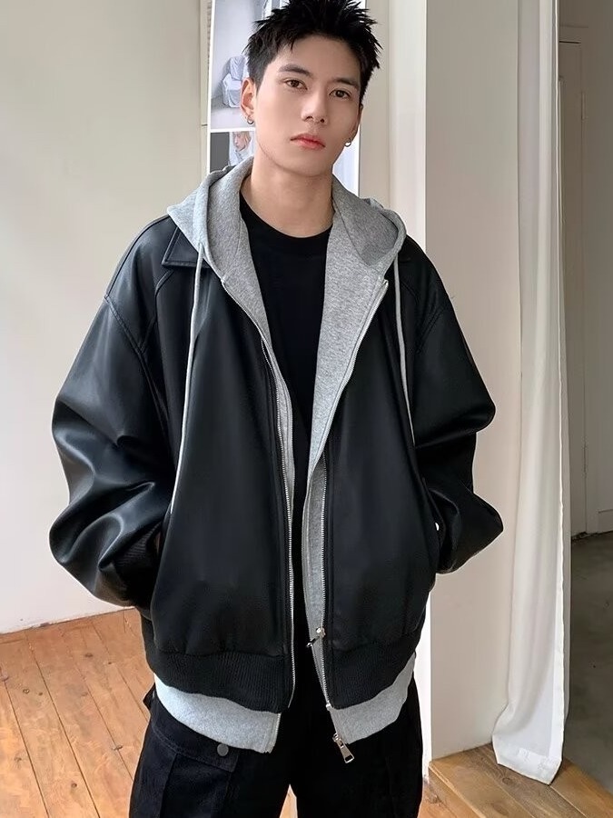 남성용 후드 PU 가죽 재킷 페이크 투피스 스타일 커플 - Leather Work Jacket 리뷰 및 가격