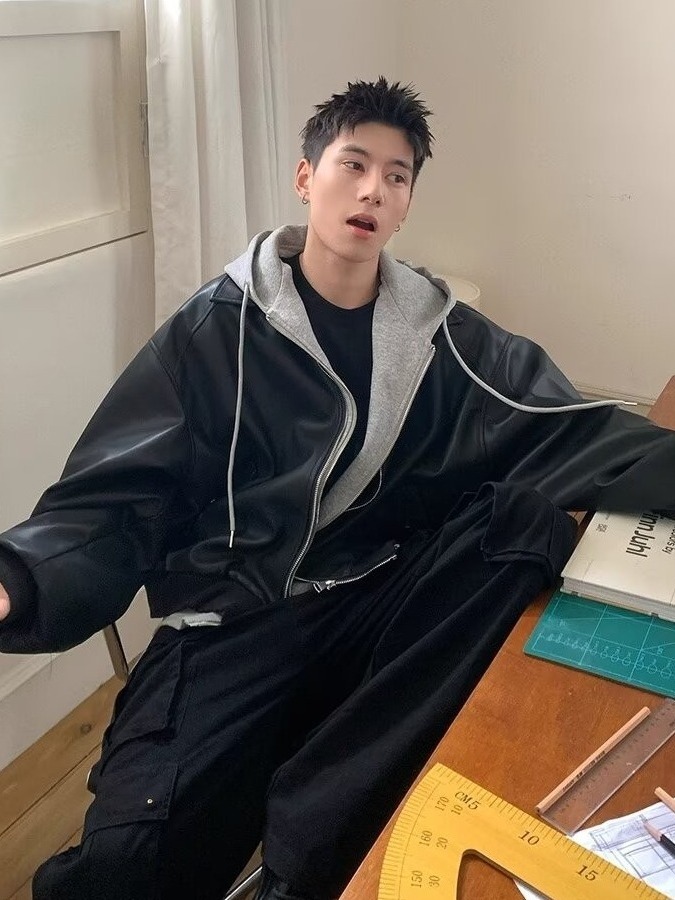 남성용 후드 PU 가죽 재킷 페이크 투피스 스타일 커플 - Leather Work Jacket 리뷰 및 가격